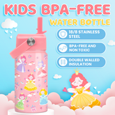Princess Water Bottle for Girls - Kids Water Bottle with Straw Lid - 12 Oz Insulated Stainless Steel Water Bottles for Toddlers Kid - Travel Cup for School Sports